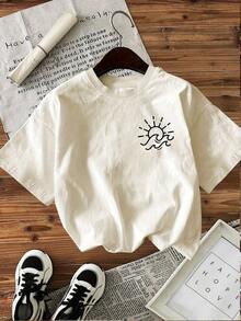 Vintage One-Piece T-Shirt [Double-Sided Print] Minimalist Style Sunwave HAPPINESS COMES IN WAVES, Short-Sleeve Crew Neck Printed T-Shirt, 180g, 100% Cotton, Short-Sleeve Crew Neck Printed T-Shirt, Women's T-Shirt, Very Suitable For Daily Wear, Fashion - 杏色 - 查看 3