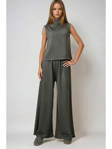 Women's Solid Color Turtleneck Tank Top And Pants Casual Suit - Army Green - View 6
