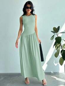 Vestido largo de mujer sin mangas, cuello redondo, cintura fruncida, unicolor, estilo minimalista - Verde - Ver 5
