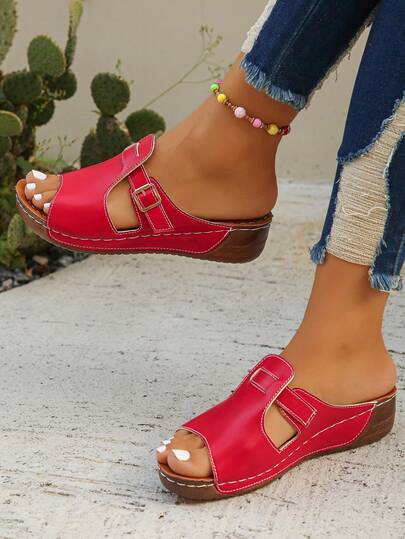 1 par de sandalias de plataforma y cuña con hebilla hueca de unicolor y punta redonda, de estilo casual y de moda para damas en verano, chanclas minimalistas de uso diario y ligeras, zapatos rojos de talla grande para mujer, regalo del Día de la Madre