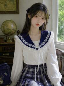 1件甜美藏蓝色蕾丝猫耳可拆卸项圈，独特猫耳设计，百搭，适合搭配连衣裙、吊带背心、T恤、毛衣，适合春、夏、秋、冬四季佩戴。 - 藏蓝色 - 查看 1