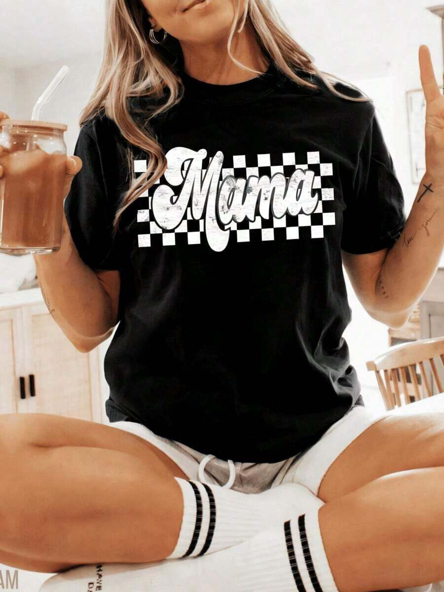 Camiseta Vintage de 1 Pieza con Estampado Gráfico a Cuadros "Mama Life" para Mujer, Casual, 100% Algodón, Cuello Redondo, Elegante y a la Moda. - Negro - Ver 1