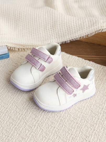 Girls' Hook And Loop Sports Shoes, Non-Slip Wear-Resistant Soft Sole Shoes, Princess Style Glitter Star Decor Versatile Campus Casual Sneakers