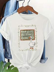 Women's T-Shirt With Silly Duck Teacher Print, White Short Sleeves, Round Neck, Machine Washable, Casual Style, Comfortable Fit, Modern Design, Versatile For Everyday Wear, Soft Fabric, Fashionable Style - 白色 - 查看 1