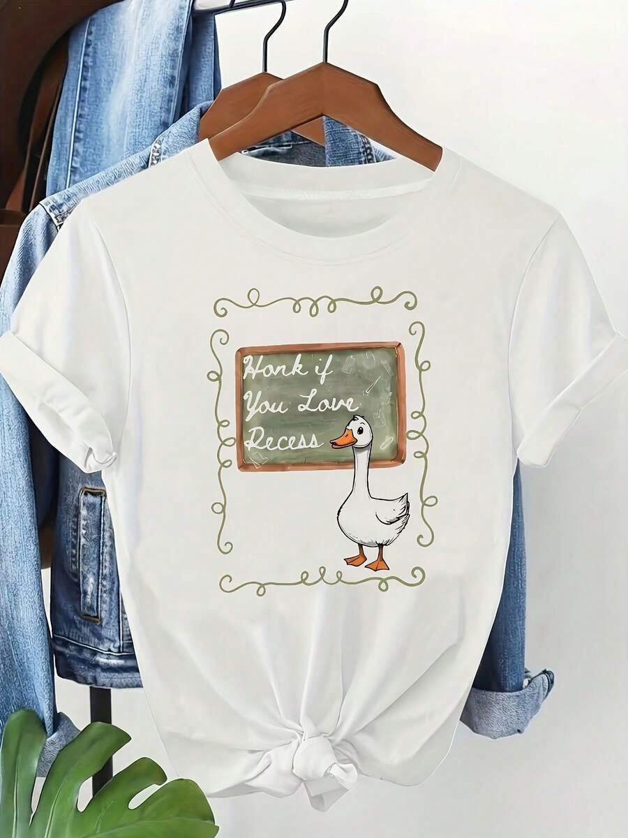 Women's T-Shirt With Silly Duck Teacher Print, White Short Sleeves, Round Neck, Machine Washable, Casual Style, Comfortable Fit, Modern Design, Versatile For Everyday Wear, Soft Fabric, Fashionable Style - 白色 - 查看 1