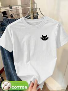 Women's Short Sleeve T-Shirt With Black Kitten Portrait Print, Fashionable And Breathable, Suitable For Daily Wear, Campus, Casual Outings, Individual Wear, Combination With Other Garments, Ideal For Travel, Vacation, Leisure And Casual Outings For Women - 白色 - 查看 7