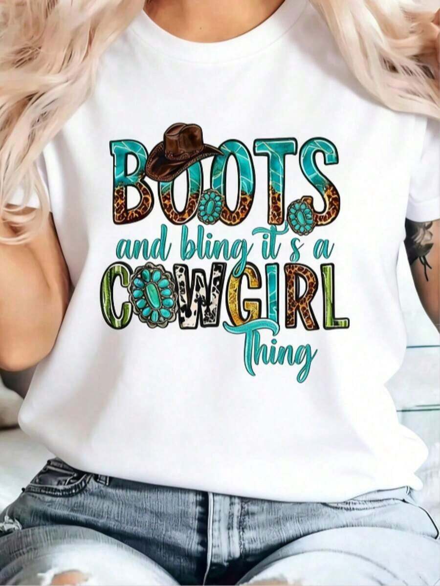 Boots And Glitter: It's Cowboy Style, Rodeo Hat, Funny Printed T-Shirt, Women's Cotton T-Shirt, Short Sleeve, Round Neck, Casual Top For Summer And Spring, Women's Clothing, Summer Clothes - 白色 - 查看 1