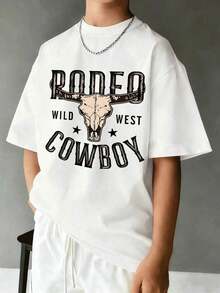 Women's Casual Short Sleeve Round Neck T-Shirt, 2026 Fashion, Vintage Western Cowboy Bull Print, Distressed American Design, Casual Short Sleeve T-Shirt For Teenagers, Retro Style With Personality, Comfortable, Soft And Simple Top For Daily Wear. - 白色 - 查看 1