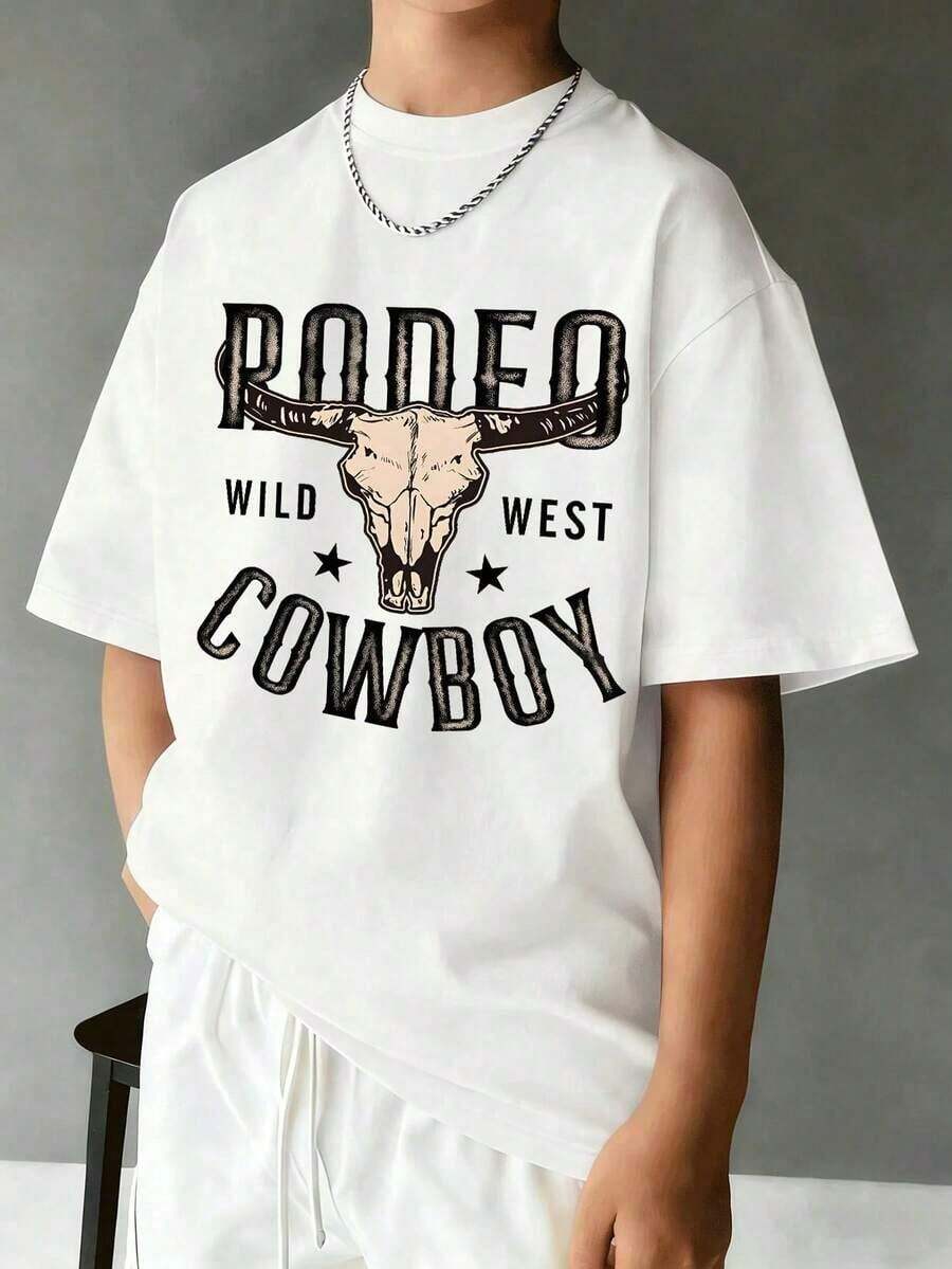 Women's Casual Short Sleeve Round Neck T-Shirt, 2026 Fashion, Vintage Western Cowboy Bull Print, Distressed American Design, Casual Short Sleeve T-Shirt For Teenagers, Retro Style With Personality, Comfortable, Soft And Simple Top For Daily Wear. - 白色 - 查看 1