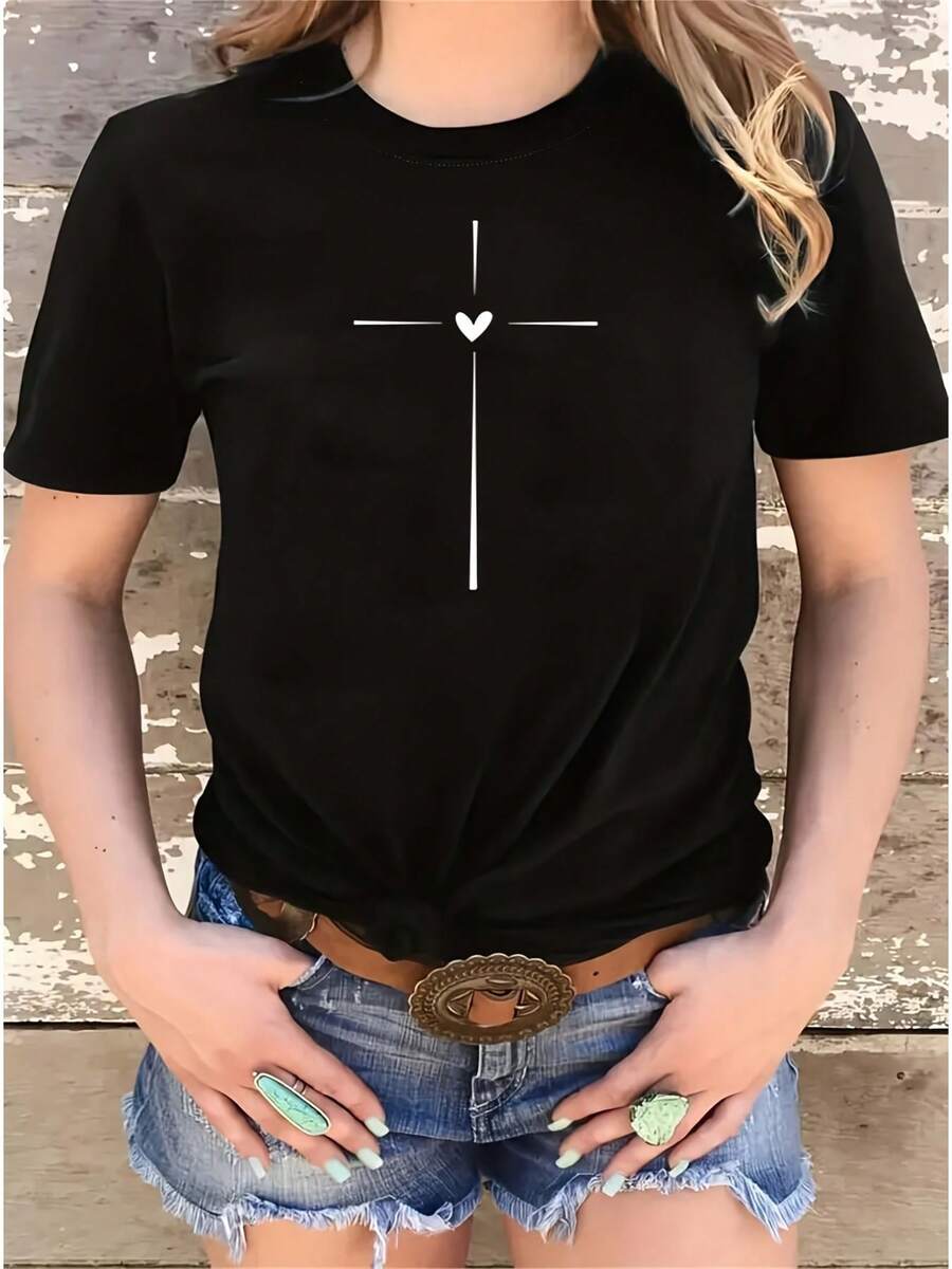 Soft And Casual Women's T-Shirt With Geometric Heart And Cross Print, Round Neck, Machine Washable, All-Season Garment For Casual Wear, Simple Fashion - Black - View 1
