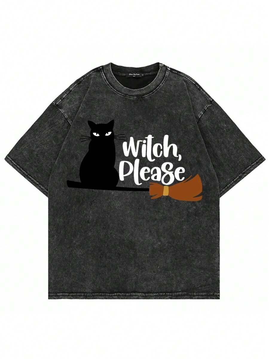 Camiseta 100% vintage de Halloween, con diseño divertido de gato ramen, a la moda, para hombre y mujer, camiseta de alta calidad con estampado de perro y calabaza navideña, estilo acid wash, camiseta estampada, ropa de calle casual holgada unisex para hombre y mujer, camiseta vintage negra lavada. - Negro - Ver 1