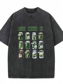 Camiseta lavada, corte holgado, negra, con estampado de un tarro de encurtidos, adecuada para uso casual diario. - Negro - Ver 3