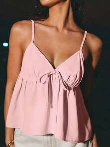 Camiseta de tirantes con volantes y lazo delantero de unicolor para mujer - Rosa - Ver 1