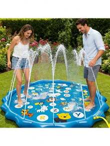 Alfombra rociadora inflable extra grande, científico inteligente con 26 letras y patrón de animales, almohadilla de salpicadura, tapete de agua resistente para jardín y césped al aire libre, adecuado para césped, playa, jardín, parque de verano, aprendizaje de letras - A - Ver 7