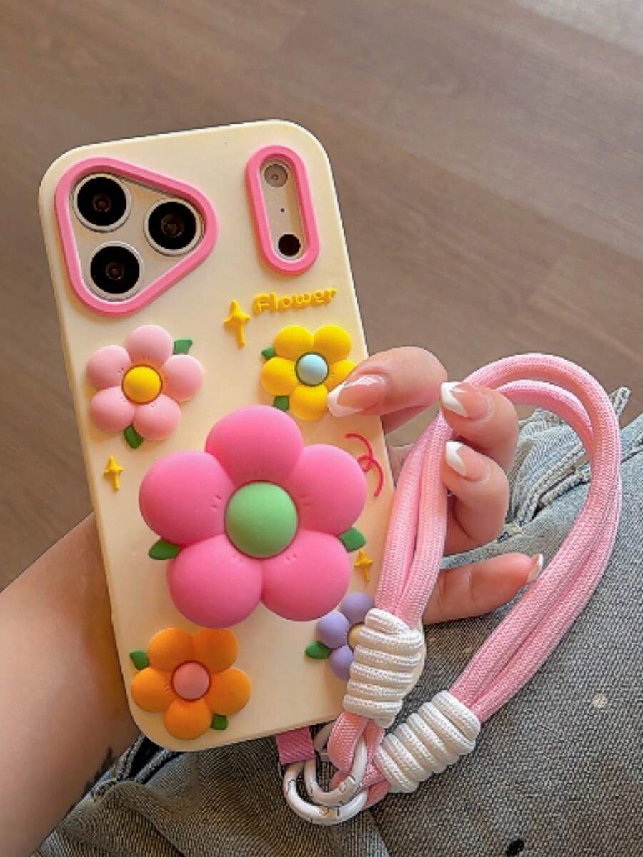 粉色花朵可伸縮手機支架，適用於 iPhone 17 Pro Max、17 New、15 Creative、14 Niche、13 Female、17 Pro，矽膠防震保護殼適用於 iPhone 16 Pro Max