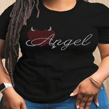 Women's Sexy Casual Cotton Round Neck Short Sleeve T-Shirt with Devil Heart and Angel Rhinestone Embellishment - Negro - Ver 1
