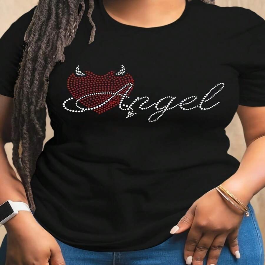 Women's Sexy Casual Cotton Round Neck Short Sleeve T-Shirt with Devil Heart and Angel Rhinestone Embellishment - Negro - Ver 1