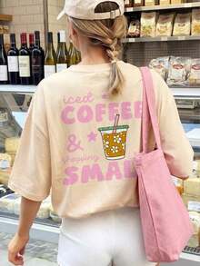 Camiseta de manga corta casual para mujer con estampado de café con hielo, estilo dulce de niña con cuello redondo con estampado doble delantero y trasero, ropa de calle para uso diario en verano - Multicolor - Ver 2