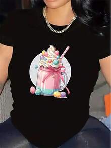 Camiseta de Manga Corta para Mujer, Fibra de Poliéster, Ropa Casual con Divertido Estampado de Batido, Ligera y Duradera, Ideal para Salidas Diarias, Hogar o Restaurante, Ajuste Cómodo, Diseño de Estampado Vibrante - Negro - Ver 6