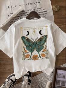 Women's T-Shirts, Summer Tops, Vintage Butterfly Pattern, Front And Back Print, Fashionable, Casual Round Neck Short-Sleeved Cotton T-Shirt, Women's T-Shirt - White - View 3