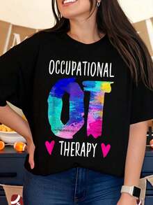 Occupational Therapy T-Shirt For Occupational Therapists And Students With Colorful Design And Heart Symbols, Perfect For Work Or Casual Wear - 黑色 - 查看 7