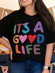 It's A Good Life, Women's Colorful Painted Graphic T-Shirt, Plus Size Casual Top, Summer Festival Clothes, Birthday Gift Idea - 黑色 - 查看 1