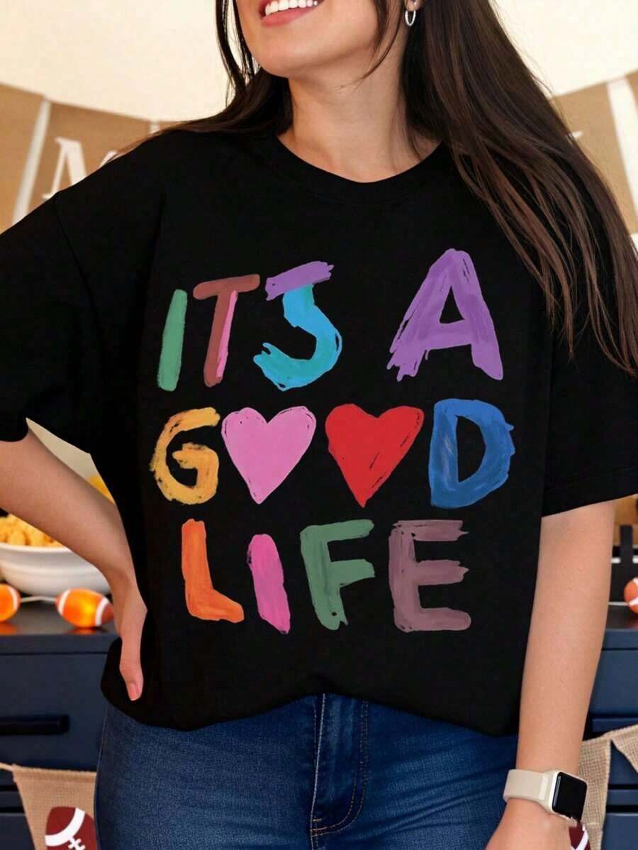 It's A Good Life, Women's Colorful Painted Graphic T-Shirt, Plus Size Casual Top, Summer Festival Clothes, Birthday Gift Idea - 黑色 - 查看 1