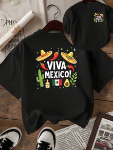 Sombreros With Red Chili Peppers, Cactus, Mexican Flag, Tequila Bottle And Avocado Express National Joy And Mexican Cultural Pride With Festive Energy. Comfortable And Fashionable Double-Sided Women's T-Shirt - 黑色 - 查看 1