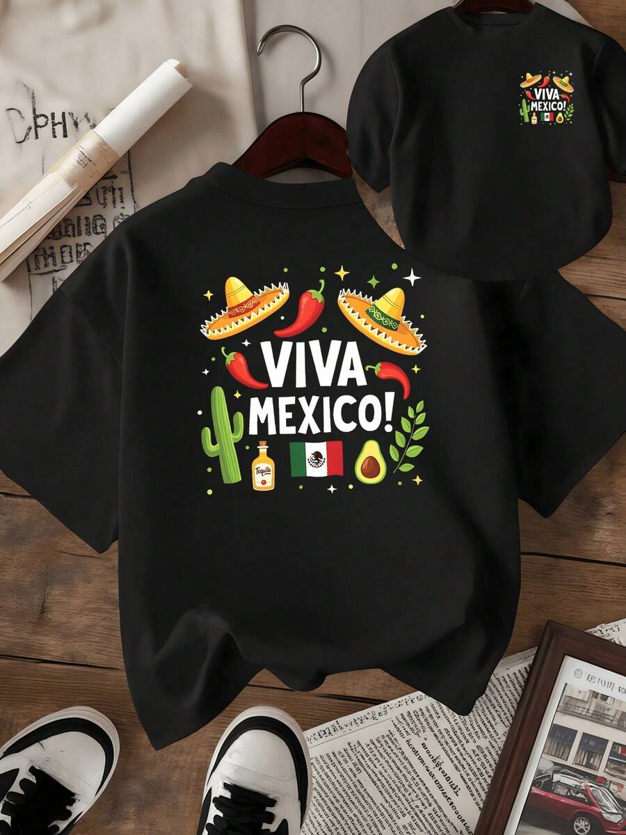 Sombreros With Red Chili Peppers, Cactus, Mexican Flag, Tequila Bottle And Avocado Express National Joy And Mexican Cultural Pride With Festive Energy. Comfortable And Fashionable Double-Sided Women's T-Shirt - 黑色 - 查看 1