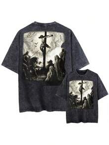 Vintage Distressed Black T-Shirt With Crucifixion Graphic, Unisex Religious-Themed Clothing - Vintage Street Style Unisex Loose Cotton Short Sleeve Crew Neck T-Shirt - 黑色 - 查看 1