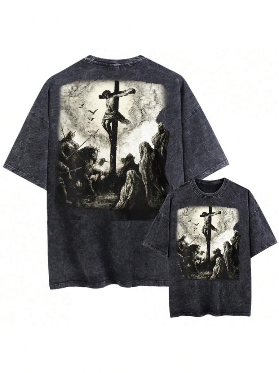 Vintage Distressed Black T-Shirt With Crucifixion Graphic, Unisex Religious-Themed Clothing - Vintage Street Style Unisex Loose Cotton Short Sleeve Crew Neck T-Shirt - 黑色 - 查看 1