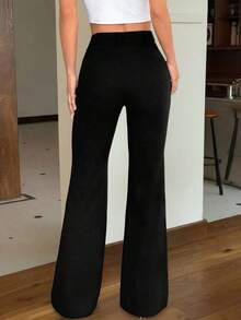 Pantalones negros acampanados casuales de ajuste ceñido con botones delanteros de unicolor para mujer - Negro - Ver 11