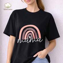 Camiseta de Algodón Blanca Casual para Mujer con Estampado de Arcoíris, Manga Corta, Corte Regular, Cuello Redondo, Tela de Elasticidad Media, Estilo para Uso Diario - Negro 9 - Ver 1