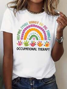 Camiseta que Ayuda a Manos Pequeñas a Hacer Grandes Cosas, Diseño de Mano Arcoíris para Terapia Ocupacional, para Profesionales y Estudiantes de Terapia - 220g - Blanco - Ver 1