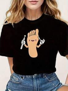Camiseta de algodón puro para mujer, camiseta de ropa femenina, estampado de dibujos animados con diseño de pies, camiseta negra de manga corta con cuello redondo - lavable a máquina, estilo casual, ajuste cómodo, diseño moderno, versátil para uso diario, tela suave, estilo a la moda. - Negro - Ver 1