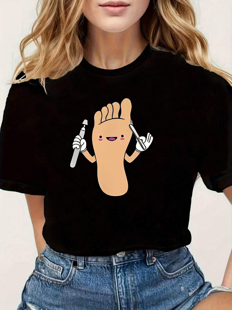 Camiseta de algodón puro para mujer, camiseta de ropa femenina, estampado de dibujos animados con diseño de pies, camiseta negra de manga corta con cuello redondo - lavable a máquina, estilo casual, ajuste cómodo, diseño moderno, versátil para uso diario, tela suave, estilo a la moda. - Negro - Ver 1