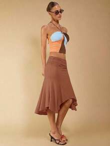Falda Elegante Casual Asimétrica con Volantes para Mujer KGhn, Falda Negra de Primavera/Verano - Marrón 2 - Ver 3