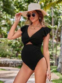 Swim Vcay Ropa De Playa De Moda Para Embarazadas, Con Escote En V, Borde Con Volantes Y Huecos - Negro - Ver 5