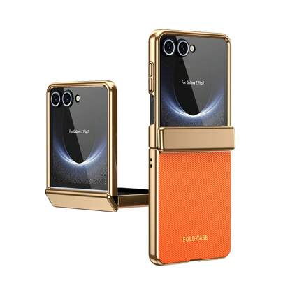 VIETAO Electroplated Material Faux Leather Full-Coverage Protective Phone Case Compatible With Samsung Galaxy Z Flip 7 6 5 Flip6 Flip5 With Tempered Glass Screen Protector Mobile Cover