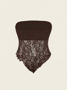 Top bandeau ajustado con bajo asimétrico de tela de encaje sexy y casual, color marrón - Marrón - Ver 2