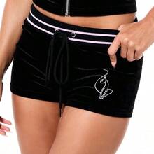 BABYPHAT Women's Velour Booty Shorts With Ribbed Waistband And Script Print For Casual Lounge Wear And Streetwear Style - Negro - Ver 5