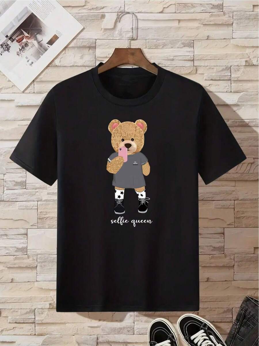 Camiseta con estampado de oso de caricatura y letra - Negro - Ver 1