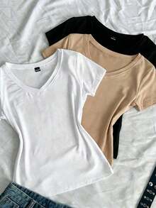 3 piezas Camisetas ajustadas de cuello en V de verano para mujer, camisetas básicas de manga corta de ajuste ceñido de unicolor con estampado de anime de la subcultura punk - Multicolor 3 - Ver 4