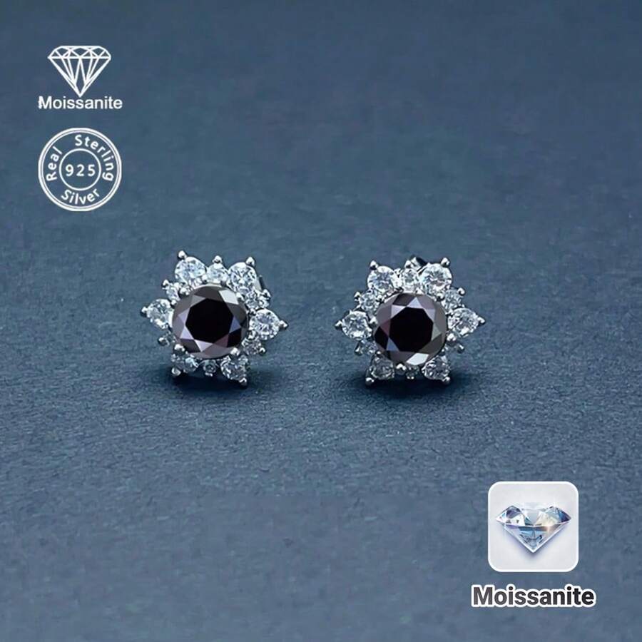 925 Sterling Silver 1 Carat Black Moissanite Snowflake Stud Earrings, Gift For Women On Valentine's Day, Christmas, Halloween, New Year, Suitable For Daily, Vacation, Party, Wedding, Bride, Luxury & Versatile Jewelry - Silver - View 1