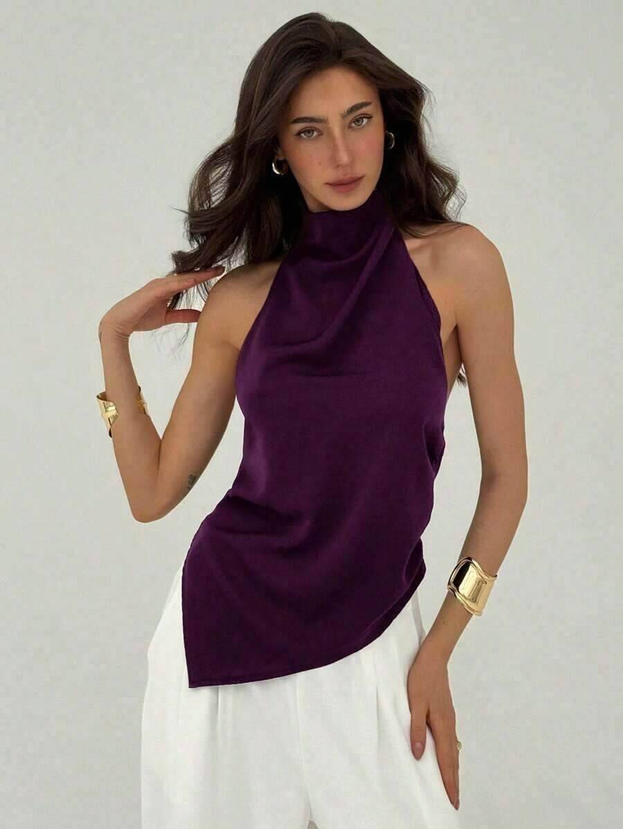 Blusa de mujer de unicolor con cuello halter, pliegues y bajo asimétrico - Morado - Ver 1