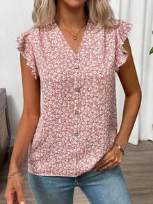 Clasi Blusa de mujer de verano con cuello en V y mangas cortas con estampado floral - Multicolor 3 - Ver 5