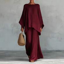 Nuevo 2026 Conjunto Camisa Holgada y Pantalón Pierna Ancha Mezcla de Lino Estilo Sencillo  Europea y Americana - Burdeos - Ver 3
