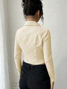 Blusa de manga larga con cuello, ajustada y con cremallera, con decoración metálica, de estilo sexy para mujeres - Amarillo claro - Ver 2