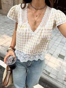 Blusa suelta de unicolor con contraste de encaje y lazo en la espalda para mujer - Caqui - Ver 3