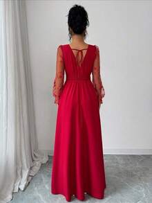 Vestido elegante de mujer con cuello en V profundo, parche de encaje, manga larga y abertura alta, adecuado para graduación, vacaciones, Día de San Valentín, festivales de música, Día de la Madre, Acción de Gracias, Pascua, Día Nacional, bailes, citas, fiestas, bodas, actividades al aire libre, primavera/verano - Rojo - Ver 2